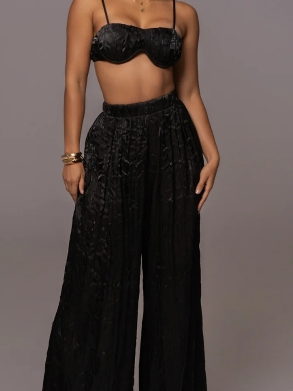 Vintage Designer Sue Wong Black Wide-Leg Crinkle Palazzo Pants - Picture 2 of 11